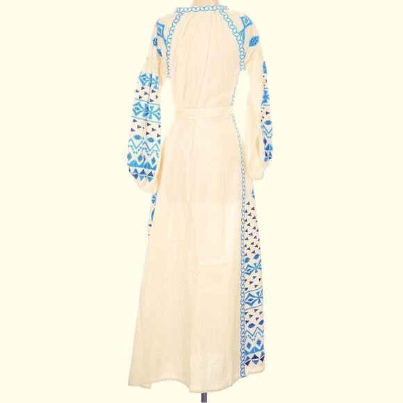 The Pearl Pagoda 100% Linen White Embroidered Long Sleeve Grecian Maxi Dress M - Picture 3 of 14